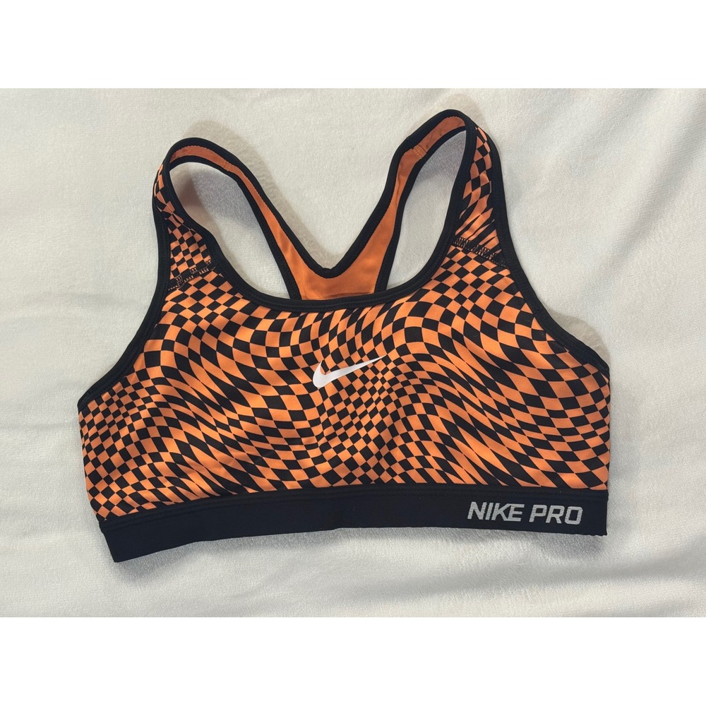 Nike Pro Dri-FIT Sports Bra Orange Black Warped Checkerboard Racerback Medium